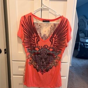 Angels & Diamonds Coral Short-Sleeve V-Neck Tee with Lace Back